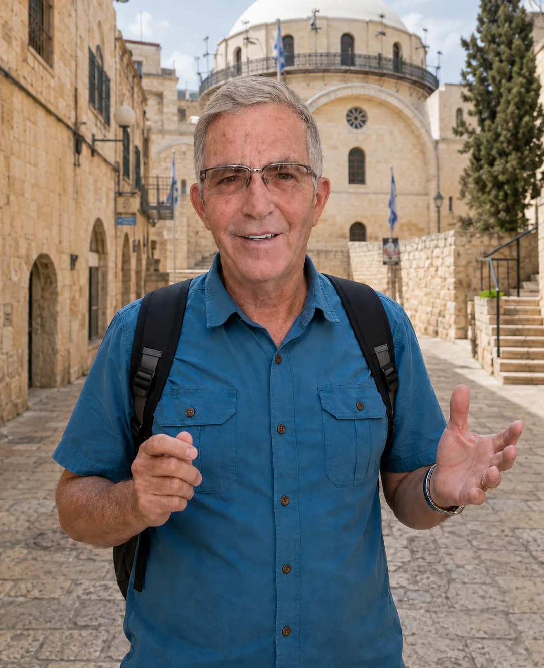 לייזי הריס, מורה דרך מוסמך, עומד בסמטה בעיר העתיקה בירושלים